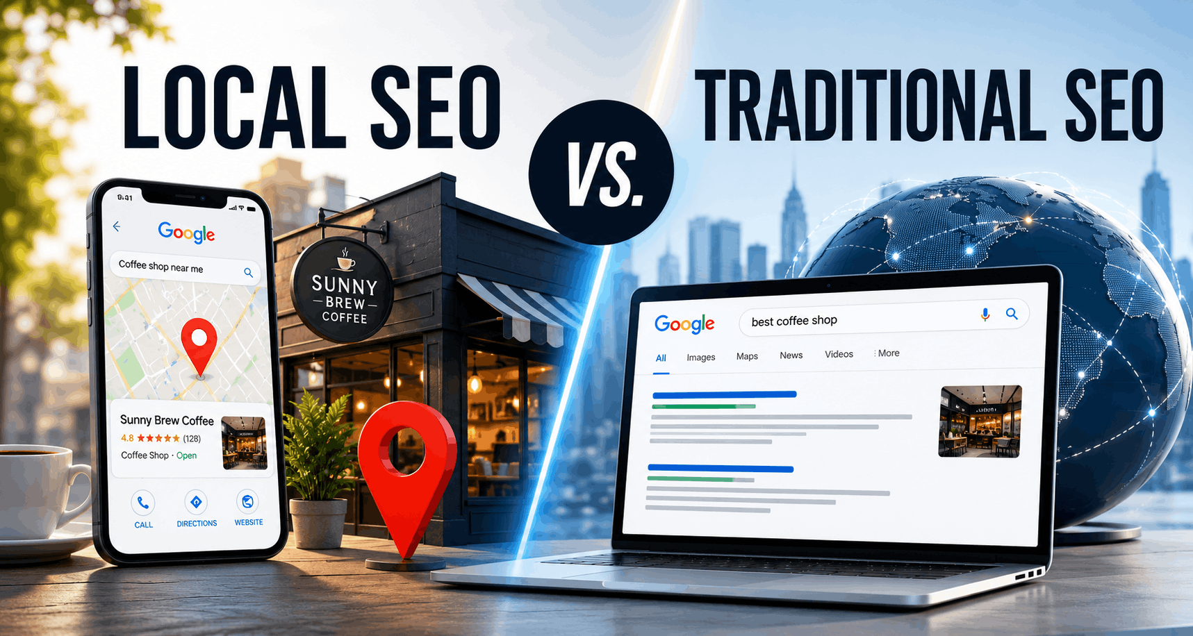 Comparison graphic showing local search optimization with a Google Maps business listing and traditional SEO with global search results on a laptop.